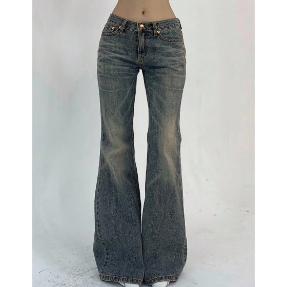 Women s Pocketed Casual Flare Leg Denim Jeans Y2k Streetwear Low Rise Jeans