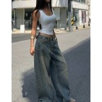 Vintage Washed Blue Wide Leg Jeans, American Loose Casual Wide Leg Dragging Pants, Women's Fashion For Fall Y2K Streetwear