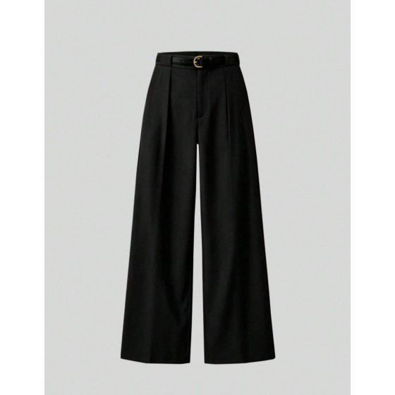 Mid Waist Solid Color Elegant Straight Leg Pants With Belt Black Spring Office