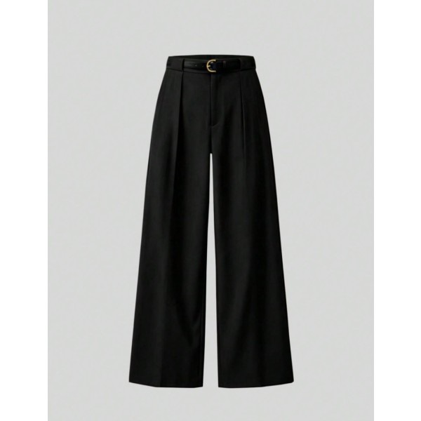 Mid Waist Solid Color Elegant Straight Leg Pants With Belt Black Spring Office