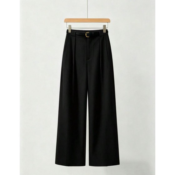Mid Waist Solid Color Elegant Straight Leg Pants With Belt Black Spring Office