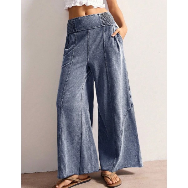 Women s Casual Solid Color Knit Loose Wide Leg Washed Pants