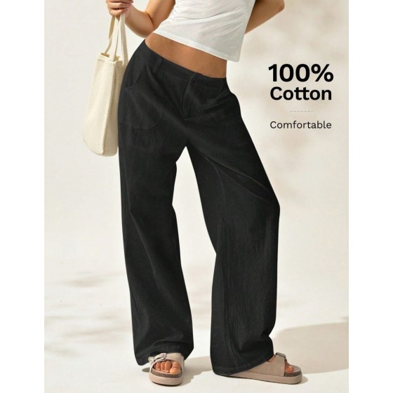 Women Plain Simple Low Waist Straight Leg Pants Ladies Spring Fall Casual Pocket Zipper Ultra Long Black Cotton Loose Daily Wear