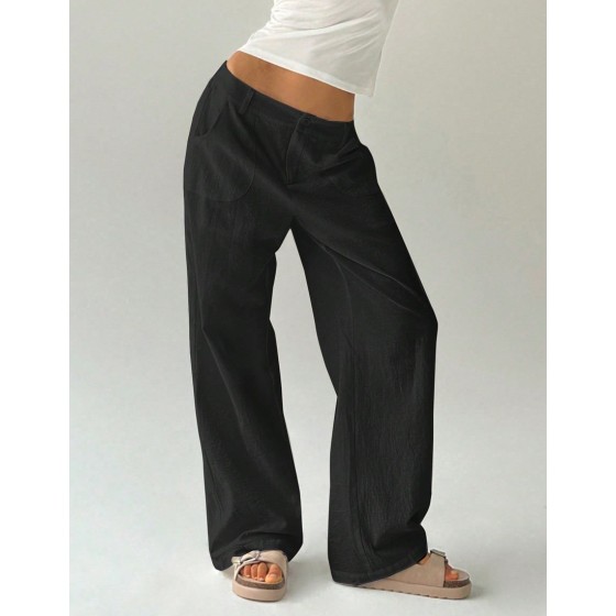Women Plain Simple Low Waist Straight Leg Pants Ladies Spring Fall Casual Pocket Zipper Ultra Long Black Cotton Loose Daily Wear