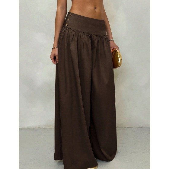 Glamine Vintage Low-Waist Wide Leg Pants, Draped Casual Women's Trousers Brown Pants Brown Wide Leg Pants Wide Pants Skirt Pants