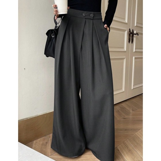 Women Solid Color Pleated Casual Pockets High Waist Wide Leg Pants Back To School Clothes