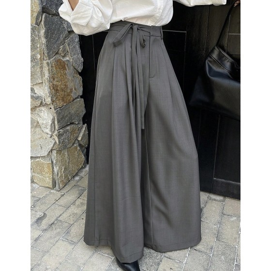 Women s Solid Color Casual Tie Up Pleated Wide Leg Pants
