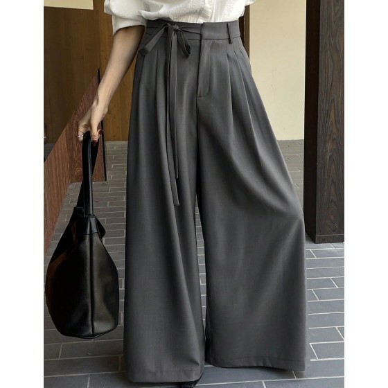 Women s Solid Color Casual Tie Up Pleated Wide Leg Pants