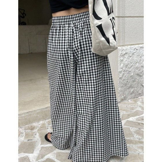 Spring And Summer Checked High Waist Wide Leg Pants With Elastic Waistband Plaid