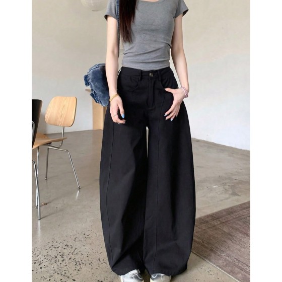 Washed Curved Hem Wide Leg Pants For Women Loose Casual Fashion Versatile Long Pants Black