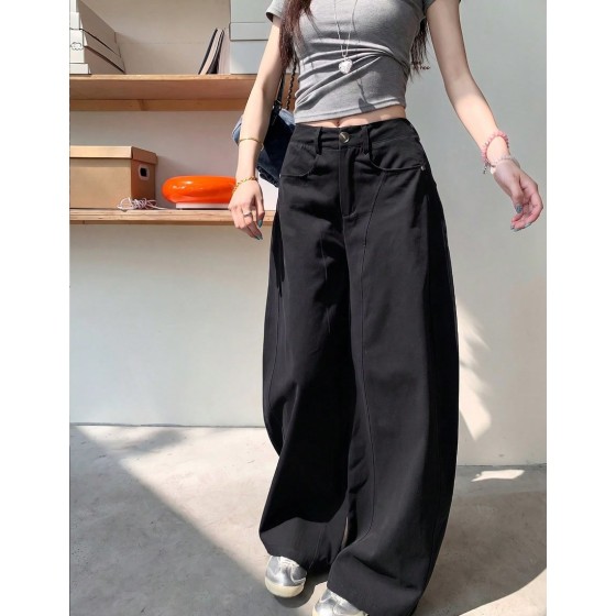 Washed Curved Hem Wide Leg Pants For Women Loose Casual Fashion Versatile Long Pants Black