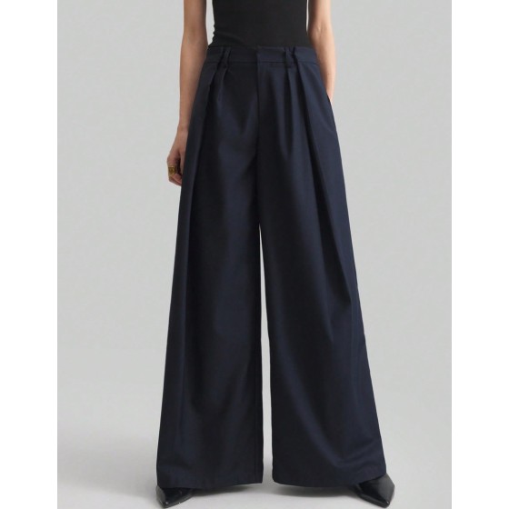 Ontre 2025 New Navy Blue Wide Leg Pants For Women Winter Elegant Office Business Casual French Style Design High Quality Premium Material Urban Commute Wear