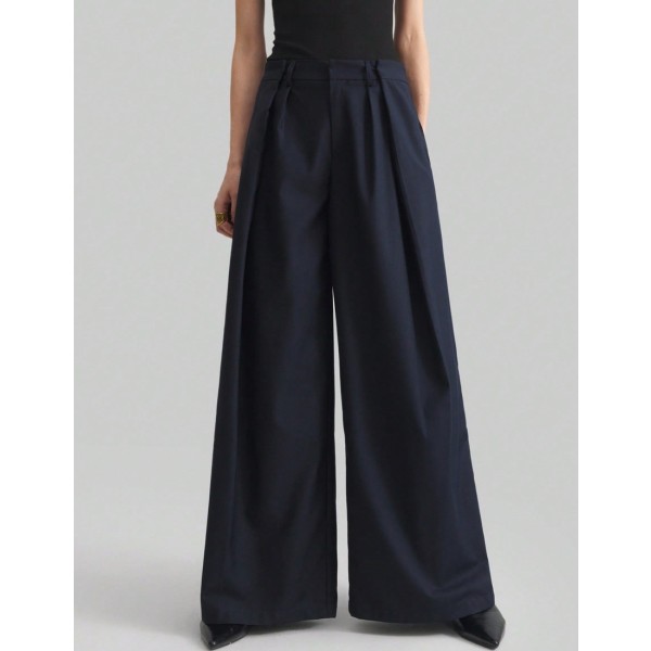 Ontre 2025 New Navy Blue Wide Leg Pants For Women Winter Elegant Office Business Casual French Style Design High Quality Premium Material Urban Commute Wear