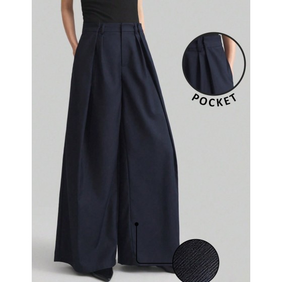 Ontre 2025 New Navy Blue Wide Leg Pants For Women Winter Elegant Office Business Casual French Style Design High Quality Premium Material Urban Commute Wear