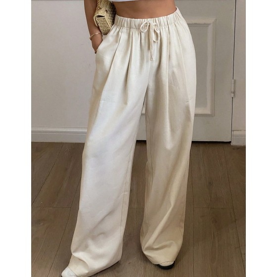 Women s Solid Color Loose Straight Leg Pants With Elastic Waist Drawstring Casual For Summer Linen