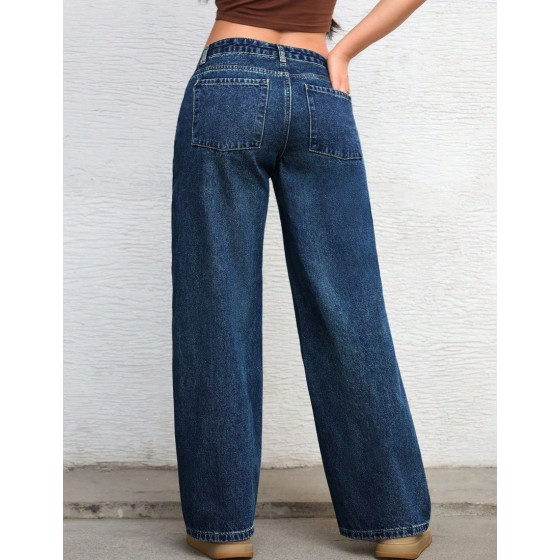 Solid Color Slant Pocket Casual Versatile Wide Leg Jeans