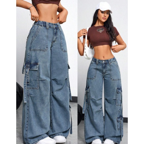 Women s Loose Casual Denim Jeans Wide Leg Blue Summer Streetwear City Break Ladies Pleats Drop Waist Mom Fit Long Pants Daily Wear Spring Fall