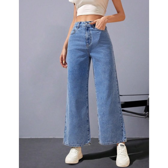 Women High Waist Wide Leg Straight Leg Jeans