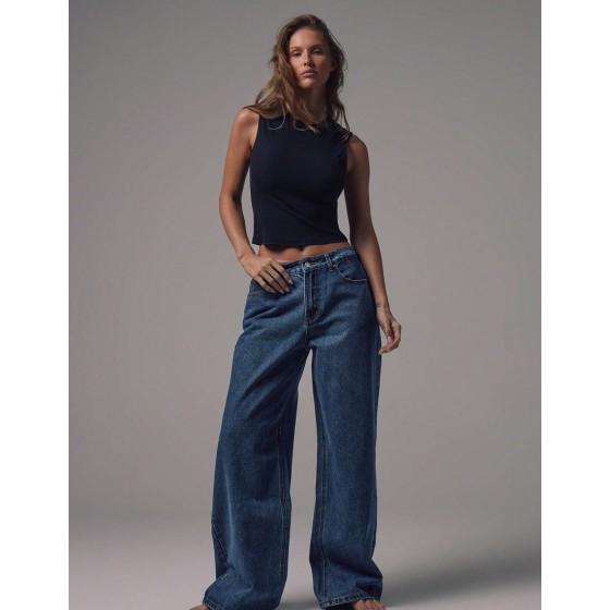 MUSERA Mid Waist Wide Leg Blue Wash Silver Button Detail Denim Jeans Rise Casual Winter Night Out Back To School Office Work Date Core Chic Spring Summer