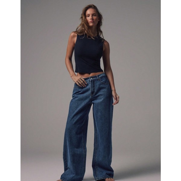 MUSERA Mid Waist Wide Leg Blue Wash Silver Button Detail Denim Jeans Rise Casual Winter Night Out Back To School Office Work Date Core Chic Spring Summer