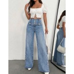 Women s High Waist Wide Leg Washed Denim Pants With Functional Buttons Medium Stretch Suitable For Daily Wear Casual Fall