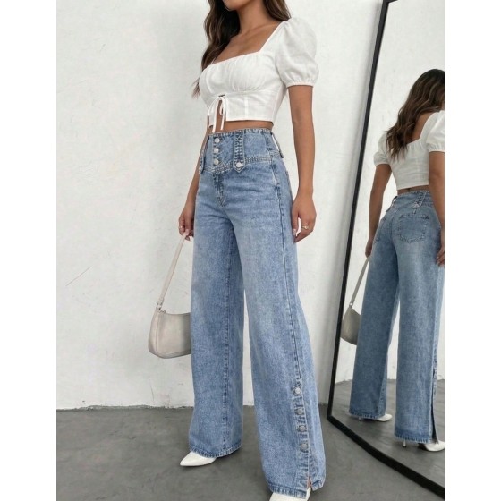 Women s High Waist Wide Leg Washed Denim Pants With Functional Buttons Medium Stretch Suitable For Daily Wear Casual Fall