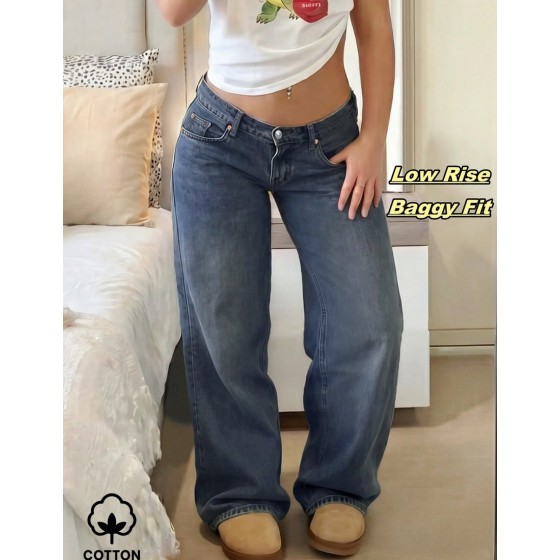 MYOURSA Loose Low Waist Wide Leg Jeans Casual Y2K College Style Street Retro Blue For Autumn Fall
