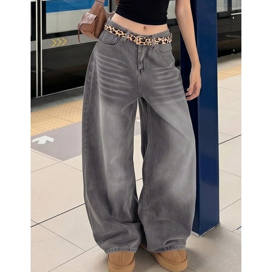 Retro High Street Washed Gray Denim Jeans Women s Fashion Design Straight Loose Casual Wide Leg Pants For Fall