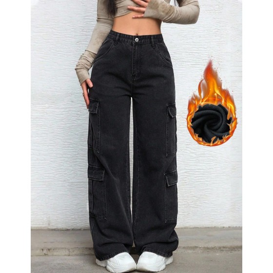 Women s Summer Zipper Fly Flap Pocket Cargo Jeans