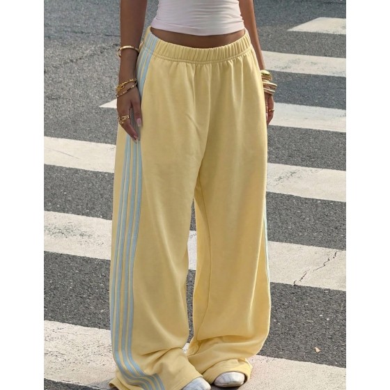 Women's Light Yellow Contrast Color Casual Sporty Loose Knit Sweatpants Back-To-School Everyday Summer