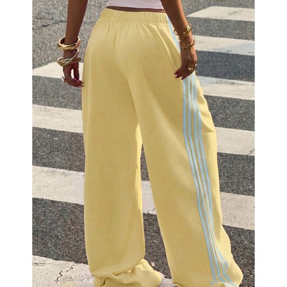 Women's Light Yellow Contrast Color Casual Sporty Loose Knit Sweatpants Back-To-School Everyday Summer