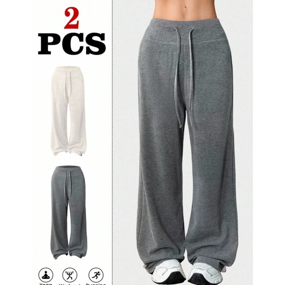 2pcs Women s Casual Drawstring Loose Fit Pants Sports Outfit Flare Sweat Pants Loose Pants