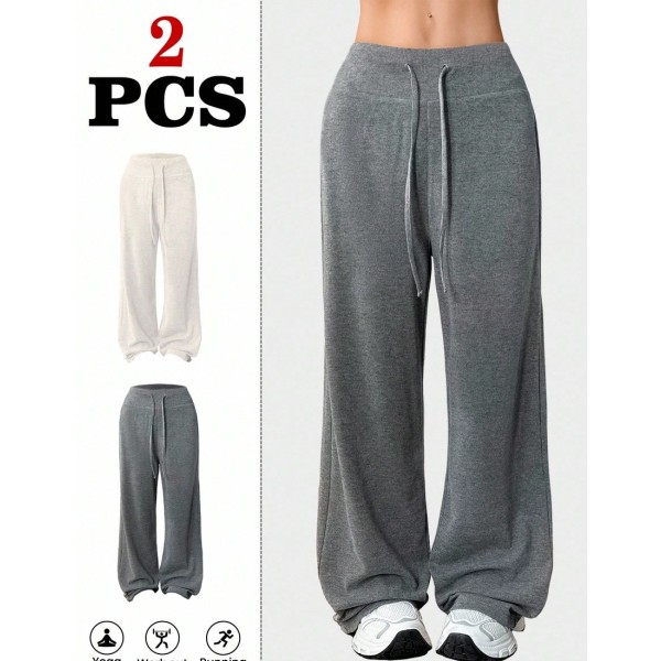 2pcs Women s Casual Drawstring Loose Fit Pants Sports Outfit Flare Sweat Pants Loose Pants