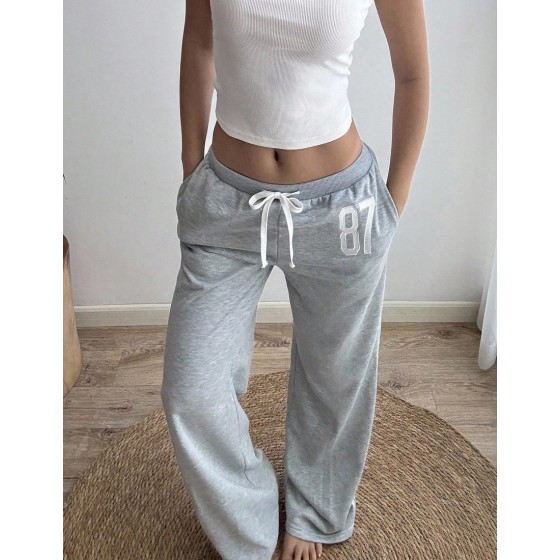 Women Summer Loose Casual Joggers Light Grey Winter Athleisure Gym Back To School Number 87 Embroidery Low Waist Drawstring Flared Leg Vintage Sports
