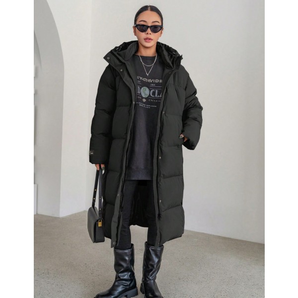 Women s Solid Color Long Sleeve Zipper Front Pocket Casual Long Hooded Winter Jacket Women Coats