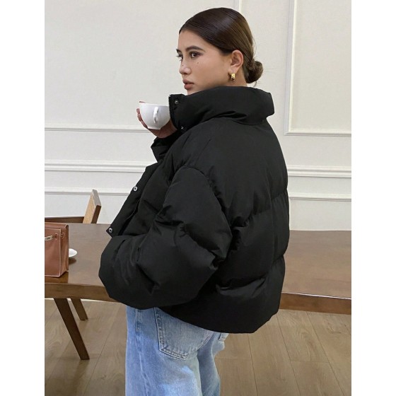 Women s Black Winter Casual Oversized Everyday Padded Coat Loose Fit Long Sleeves Zipper Drop Shoulder Funnel Neck Plain Warm Jacket With Pockets