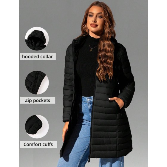 Women s Casual Hooded Jacket With Pockets Thick Design Lightweight And Breathable Suitable For Daily Wear Autumn Winter Black Elegant