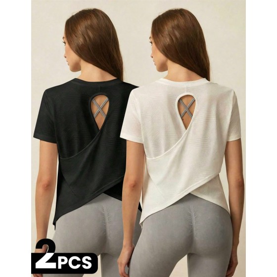 2pcs Women s Casual Sports Solid Color Minimalist Short Sleeve T Shirt