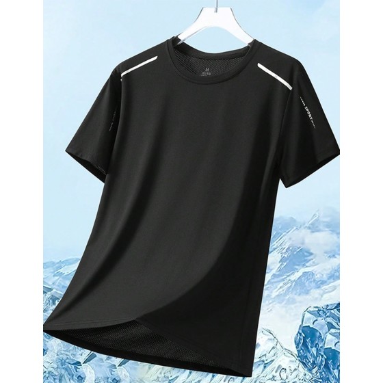Women s Quick Drying Black Crew Neck Short Sleeve Sports T Shirt Top With Shoulder Stripe Detail For Training