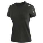 Women s Quick Drying Black Crew Neck Short Sleeve Sports T Shirt Top With Shoulder Stripe Detail For Training