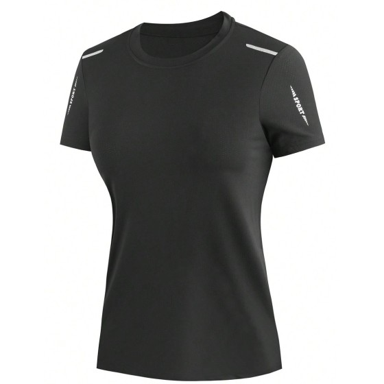 Women s Quick Drying Black Crew Neck Short Sleeve Sports T Shirt Top With Shoulder Stripe Detail For Training