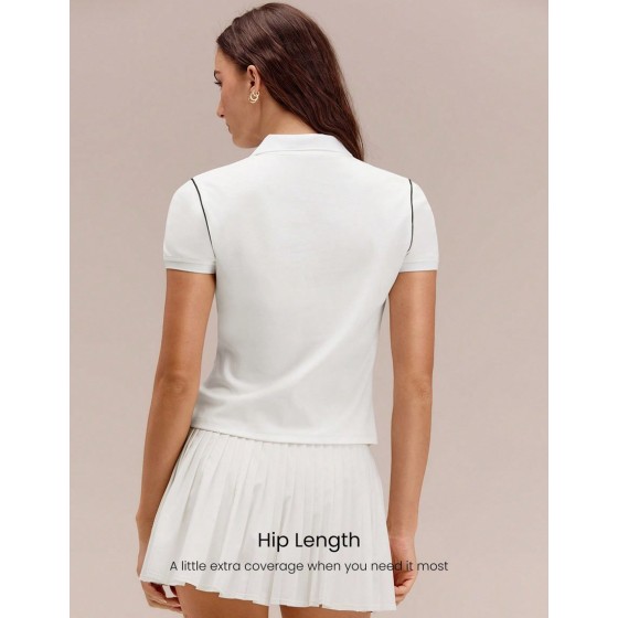 Cotton Pique Glow Match Hip Length Slim Fit Front Logo Contrast Piping Knit Flat Collar Polo Tee Tennis Golf Pickleball Daily Casual Wear