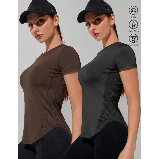 2pcs Women s Minimalist Solid Color Short Sleeve Splice Mesh Breathable Fabric Fitted Sports T Shirt