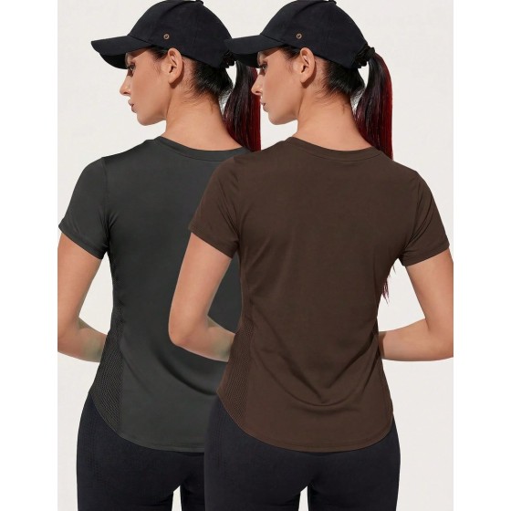 2pcs Women s Minimalist Solid Color Short Sleeve Splice Mesh Breathable Fabric Fitted Sports T Shirt