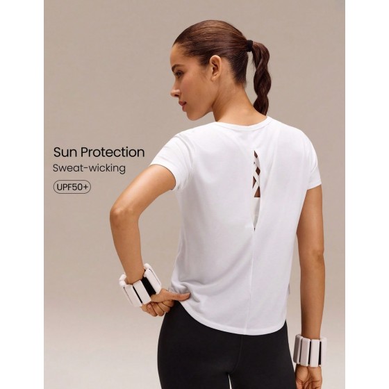 Sunny Skies Regular Fit Waist Length Sun Protective Vertical Seam Open Back Crewneck Tee Training Running Jogging Workout Gym Fitness Active Wear