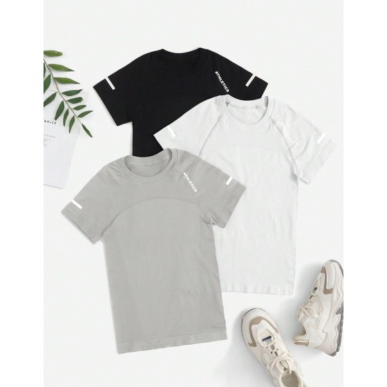 3pcs Letter Graphic Raglan Sleeve Sports Tee Gym Top