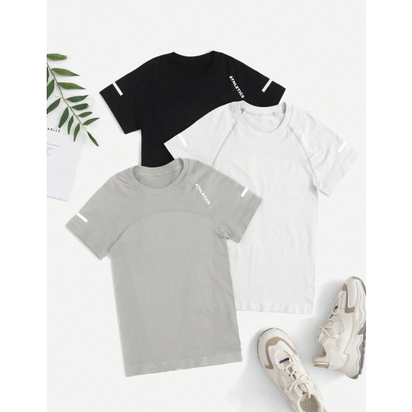 3pcs Letter Graphic Raglan Sleeve Sports Tee Gym Top
