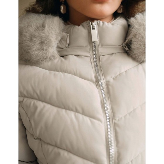 Women Padded Coat With Fur Collar Zippers Long Sleeves Plain Color Winter
