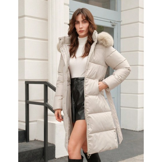 Women s Solid Color Long Sleeve Zip Up Hooded Padded Coat With Faux Fur Trim Winter