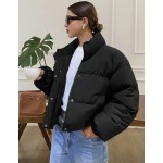 Women s Black Winter Casual Oversized Everyday Padded Coat Loose Fit Long Sleeves Zipper Drop Shoulder Funnel Neck Plain Warm Jacket With Pockets